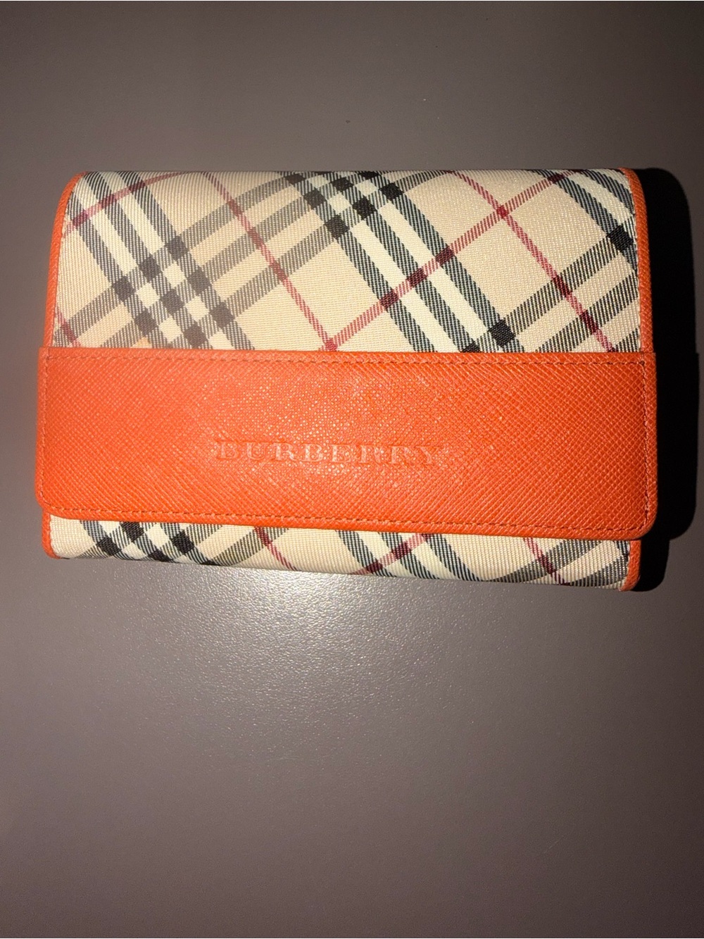 Burberry Plaid Compact Wallet with Orange Trim